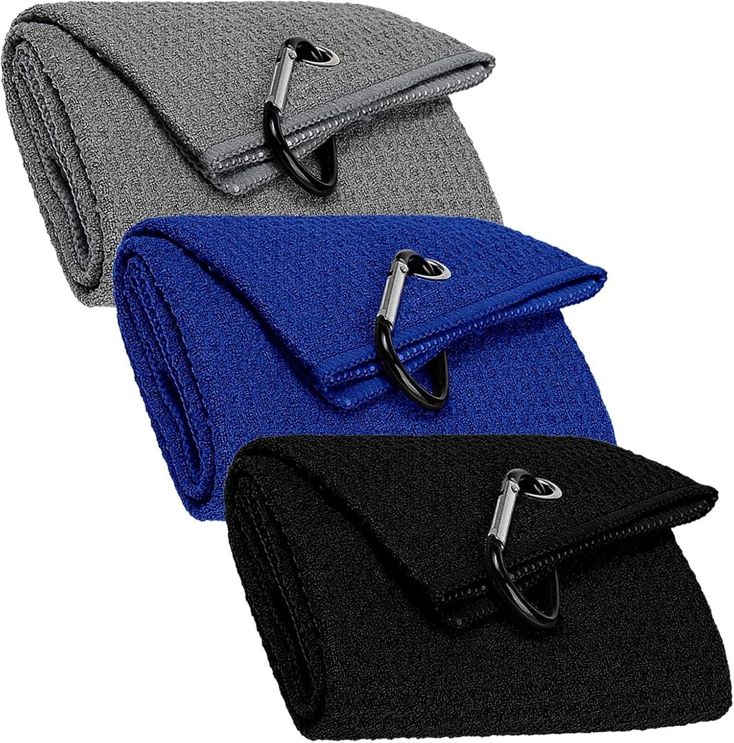 Microfiber Golf Towel, 3 Pack Large Towels (16" x 24"), Portable Waffle Pattern Towels for Golf Bag with Carabiner Clip, Loop Fastener for Men Women (Black+Grey+Blue)