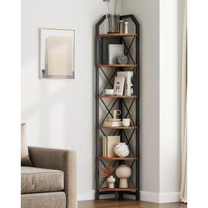 CHOEZON 6-Tier Corner Shelf, Industrial Corner Bookshelf, 71.2" Corner Storage Stand, Plant Stand Display Shelf, Corner Bookcase for Bedroom, Living Room, Home Office, Rustic Brown and Black TCJ11BF