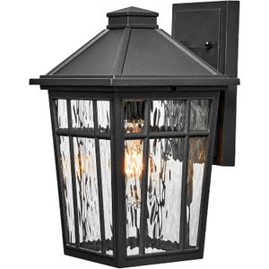 Outdoor Wall Lamps 11 Inch Outside Light Fixtures for House Black Aluminum Exterior Wall Sconce with Water Ripple Glass for Patio Porch and Garage E26 Socke Max 60W