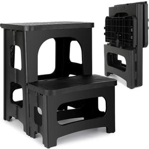 2 Step Folding Stool Non Slip 250 lb Capacity Foldable Step Stool 8 and 17 Inch Dual Height Portable Foot Stool for Kitchen Bathroom Black
