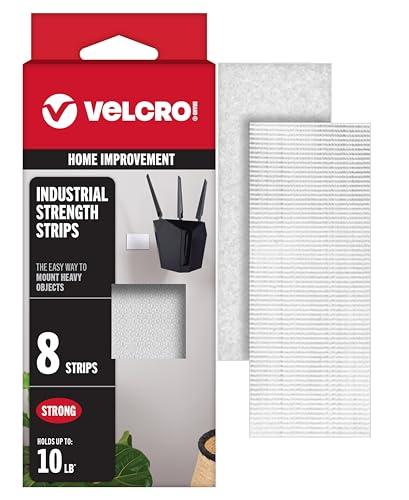 VELCRO Brand Heavy Duty Strips with Adhesive | 8 Sets, White | Wide 4in x 2in | Holds 10 lbs | Industrial Strength Stick On Tape | Indoor or Outdoor Use, (Pack of 8)