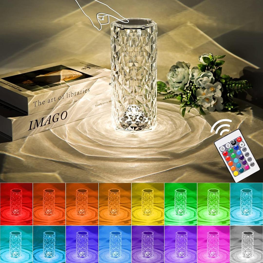 Crystal Lamp,Touch Control Table Lamp,Crystal Rose Lamp with 16 Colors,RGB Night Light with USB & Remote Control,LED Diamond Touch Lamp for Bedroom, Rechargeable Desk Light, Birthday Gift