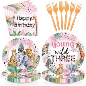 96Pcs Young Wild and Three Party Supplies Safari 3rd Birthday Plates and Napkins Safari Jungle Animal Disposable Paper Tableware Set for Girl 3 Year Old Birthday Party Supplies Serves 24