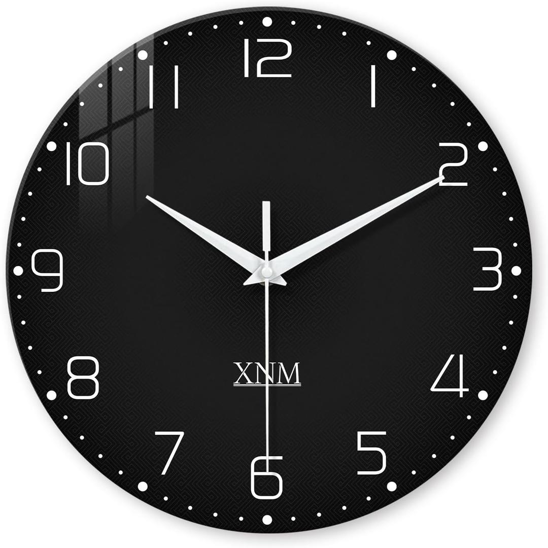 XNM Minimalist Wall Clocks for Living Room Glass Small Wall Clocks Battery Operated 12 Inch Black Simple Wall Clock Non Ticking