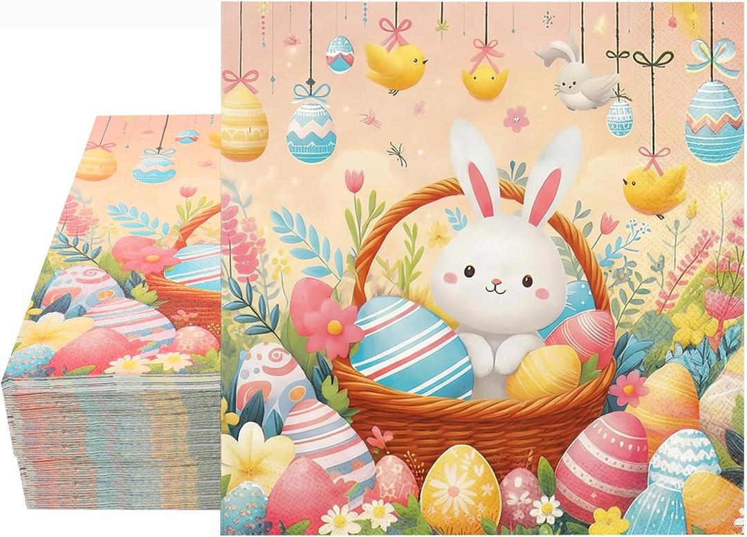 3 x ibohr 50Pcs Easter Paper Napkins, Cute Bunny & Eggs Disposable Decorative Cocktail Napkins for Elegant Easter Party Supplies, Spring Table Decorations