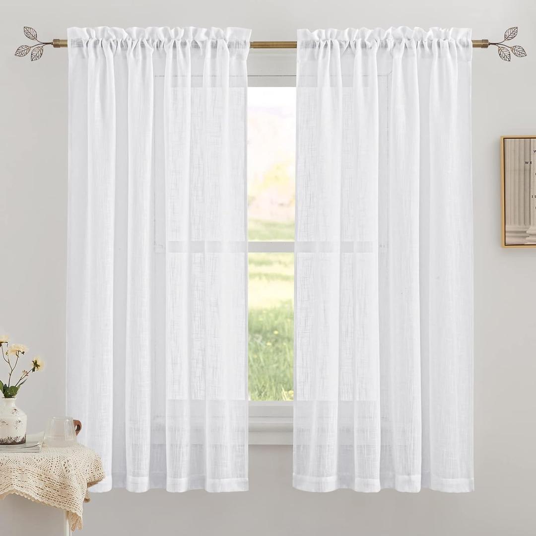RYB HOME White Sheer Curtains 63 inches, Machine Washable Light Filtering Textured Short Curtains for Home Office Dormitory Sunroom Bathroom, W 42 x L 63 inches, 2 Panels Set