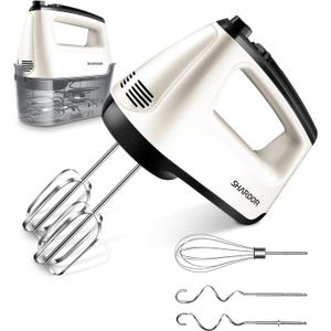 SHARDOR Hand Mixer Electric, 6 Speed & Turbo Mixer Electric Handheld, Snap-On Storage Case,5 Stainless Steel Accessories for Whipping, Mixing Cookies, Brownie, Cakes, Dough Batters, White