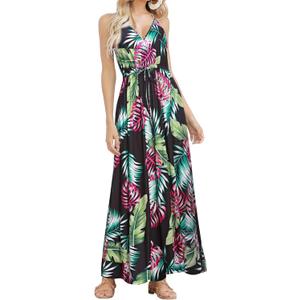 HUSKARY Womens Summer Sleeveless V Neck Spaghetti Strap Pockets Beach Boho Vacation Casual Spring Maxi Dress (Large, Black)