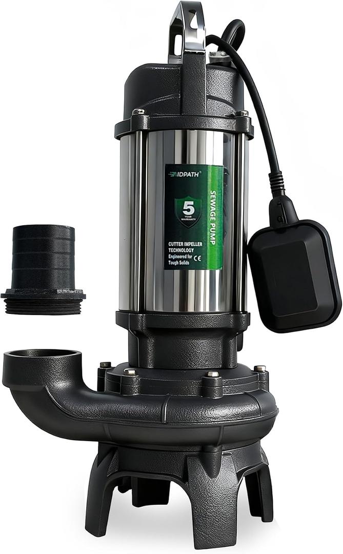 1 HP Sewage Pump Submersible, Stainless Pump Casing, E-Coated Semi-Open Cast Iron Impeller, Auto Float Switch, 115V, 2" NPT Discharge for Sump Basin, Sewage Well, Basement, Septic Tank, Trash