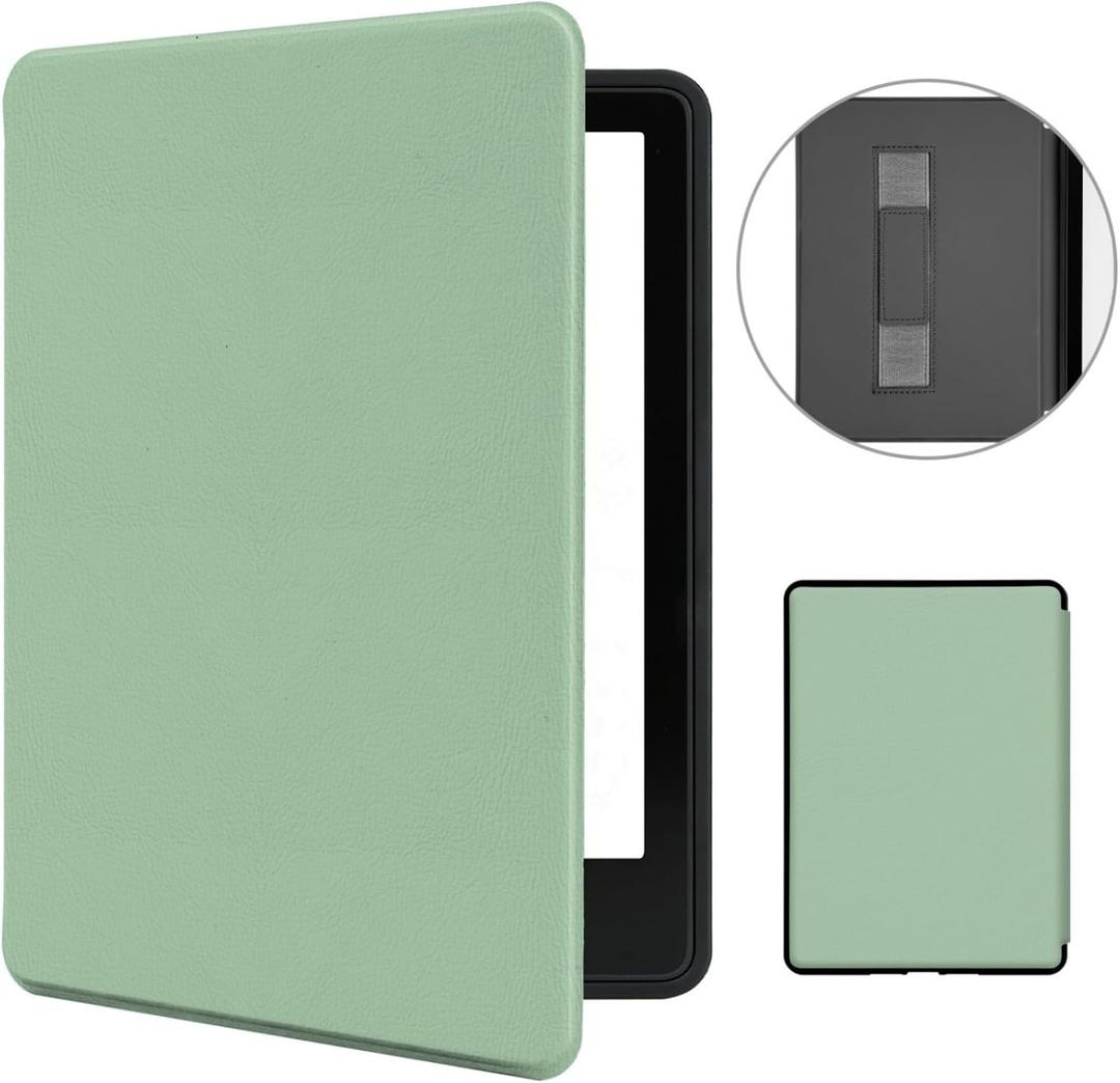 MOROCK Slim Case for All-New 6" Kindle(11th Generation,2024/2022 Release, Model No.RS23CV/C2V2L3), Premium Lightweight PU Leather Cover with Hand Strap, Auto Wake/Sleep Case, Matcha Green