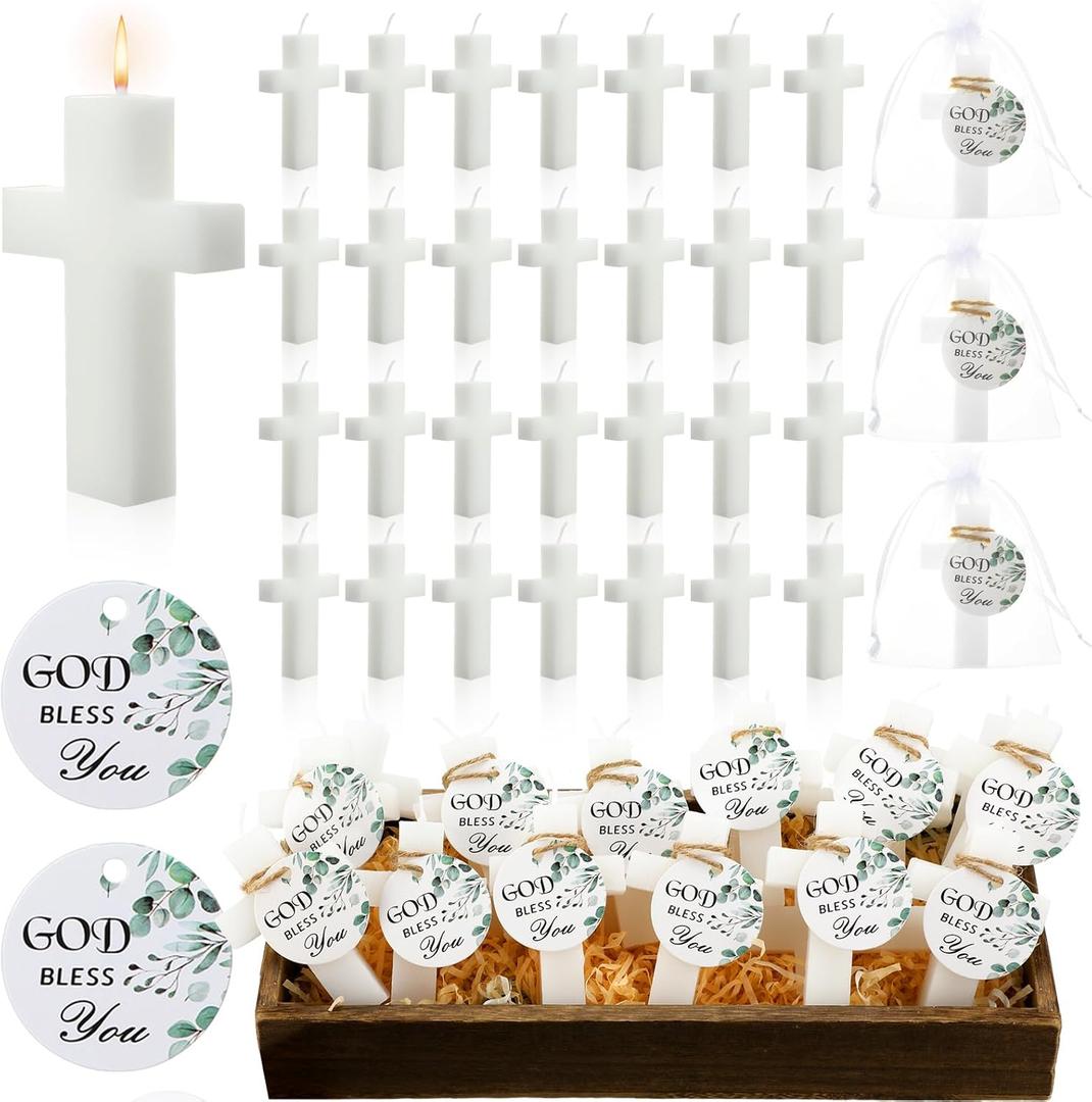 MTLEE 36 Set Baptism Favor Candles Cross Candles Baby Shower Favors Religious Holy Communion Christening Gifts for Christian Guests Party Wedding Birthday(Eucalyptus Tag)