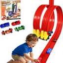 15 Ft Flexible Race Track for Kids 3+, Flexible Car Track Race Car Ramp Track Compatible with Hot Wheels and Diecast 1/64th Cars, Portable Rolls Up Race Tracks with Strong Suction Cups (Red)