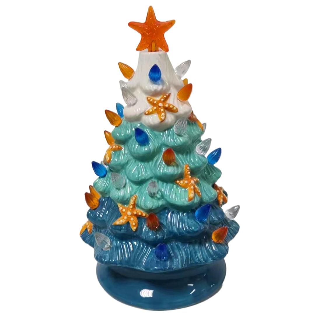 9.7" Ceramic Christmas Tree with Light, Lighted Tabletop Christmas Tree with Star Topper, Vintage Blue Tree with Base, Pre-Lit Ceramic xmas Tree Battery Operated Christmas Night Light