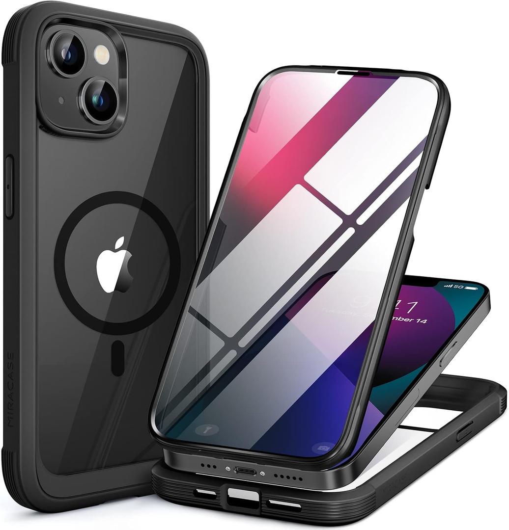 Miracase for iPhone 13 Case 6.1'',Full-Body Magnetic Clear Bumper Case with Built-in 9H Tempered Glass Screen Protector,Military Drop Protection Outdoor Phone Case,Black