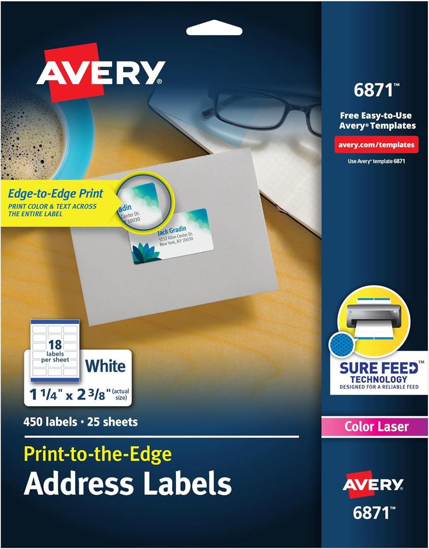 Avery Print-to-The-Edge Printable Address Labels with Sure Feed, 1-1/4" x 2-3/8", White, 450 Blank Mailing Labels (06871) (Laser)
