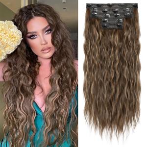 Clip in Hair Extensions, REECHO 5PCS Hair Extensions 24" Thick Long Loose Waves hair extensions HE002 Invisible Lace Weft Natural Soft Hairpieces for Women  Chocolate Brown with Blonde Highlights