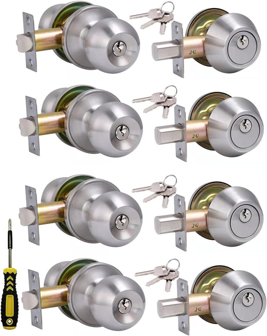 (4 Sets) All Keyed Same Entry Door Knob and Single Cylinder Deadbolt Combo Set, Satin Nickel Exterior Door Knobs with Lock and Keys for Entrance and Front Door (4 Pack, Keyed Deadbolt Lockset-Keyed Alike)