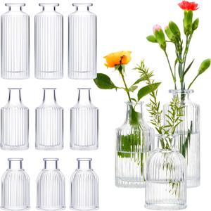 12 Sets Mini Small Vases for Flowers Bulk Glass Ribbed Bud Vases Set for Centerpiece Table Decorative Wedding Reception, Housewarming Gift Holiday Christmas