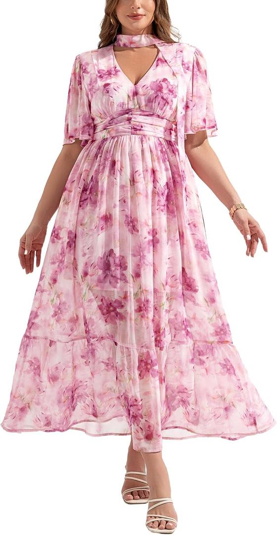 EYWOL Plus Size Wedding Guest Dresses for Women Floral Chiffon Flowy V Neck Maxi Dress with Detachable Tie Smocked Back (Pink)