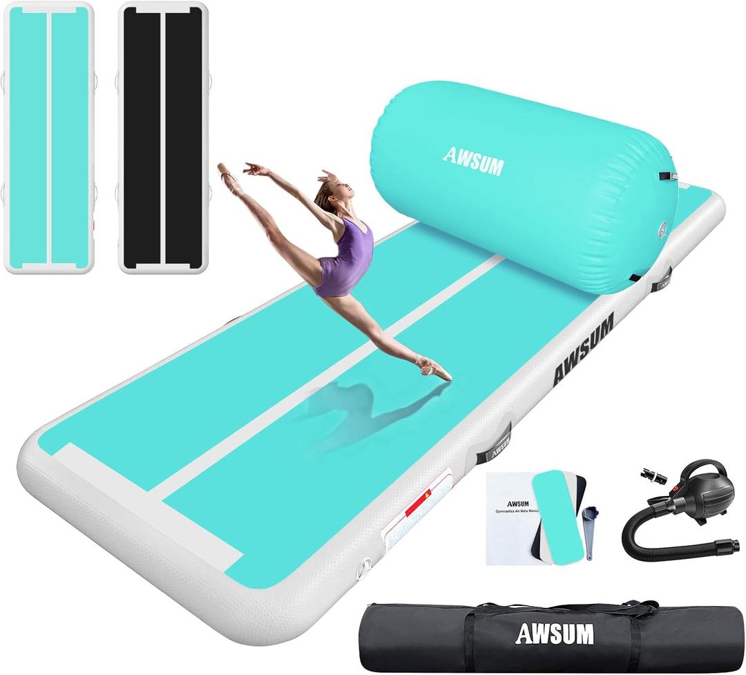 AWSUM 10ft Gymnastics Mat with Air Roller Tumbling Barrel Back Somersault Backbend Trainer for Inflatable Gymnastics Springboard Back Handspring Equipment, with Electric Pump