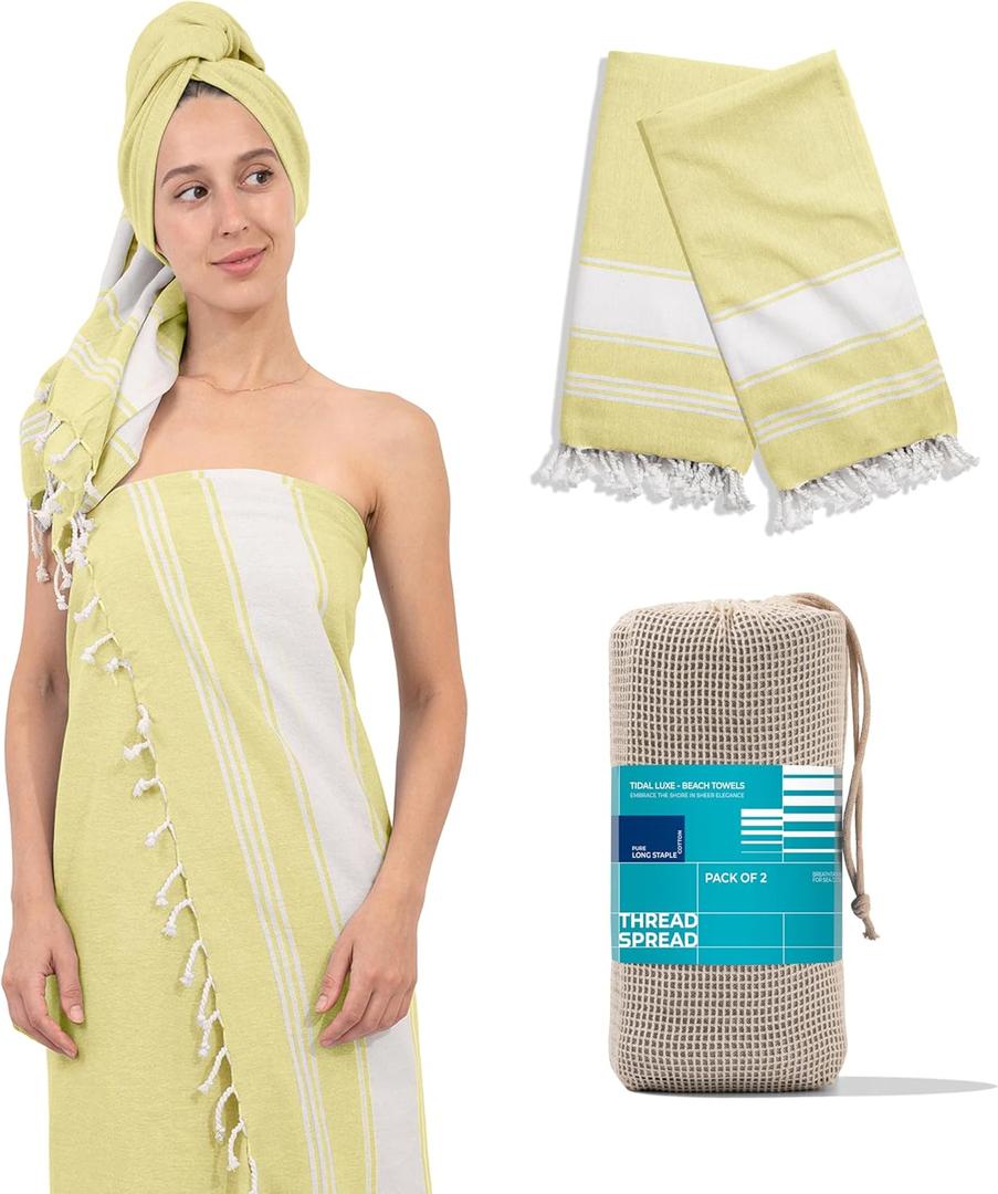 THREAD SPREAD Chambray Turkish Beach Towels 2 Pack - 100% Cotton Quick Dry Lightweight & Absorbent, Large Turkish Bath Towels for Travel, Sand Free Oversized Pool Beach Towel (Yellow, 39" x 71")
