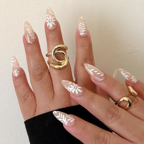 Press on Nails Medium Almond Fake Nails White French False Nails Tips Flower Almond Medium French Tip Nails with Floral Designs - Glossy Full Cover Acrylic Artificial Cute Stick on Nails for Women