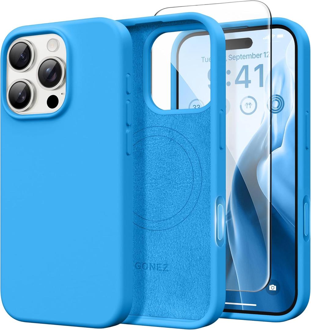 GONEZ Magnetic for iPhone 16 Pro Case, [Compatible with MagSafe] Anti-Scratch Microfiber Lining & Screen Protector, Silicone Camera Control, Shockproof Slim Phone Cover 6.3 inch, Wave Blue