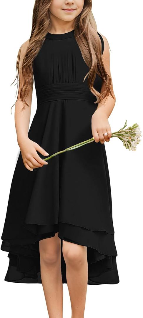 Chiffon Flowy Dresses Flower Girls Asymmetrical with Ruffles Sleveless Swing Party Gowns A-Line Dress (Black) 11-12Years 