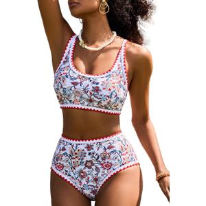 Herseas Women's Bikini Sets Floral Print Whip Stitch 2 Piece Swimsuits High Waisted Scoop Bathing Suits (Medium, Red)