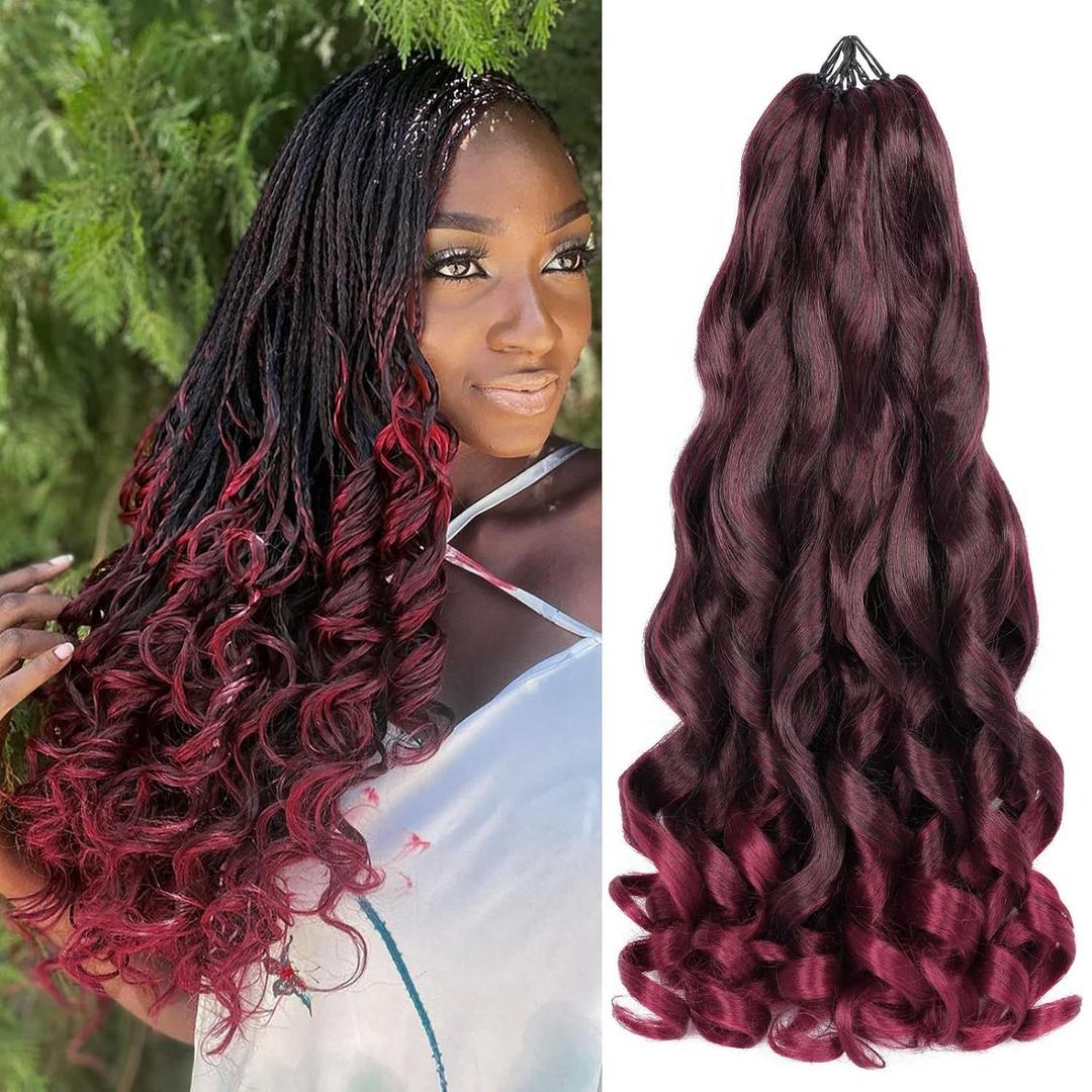 French Curl Braiding Hair Pre Stretched 22 Inch Bouncy French Curly Braiding Hair Loose Wavy Ombre 99j Burgundy French Curl Crochet Braids Hair for Women (7 Packs, 1B/Bug#)