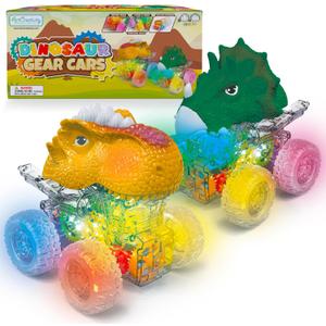 ArtCreativity Light Up Gear Dinosaur Truck Toys - Set of 2 - Trucks with Moving Gears, Multicolored Lights, Music, and Transparent Friction-Powered Wheels - Monster Truck, Toys for Boys 2-4 & Gifts
