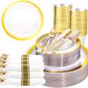 Liacere 350PCS Clear Gold Plastic Plates for 50 Guests Dinnerware Include 100 disposable Plates 150 Gold Silverware 50Napkins for Party & Wedding & New Year & Christmas