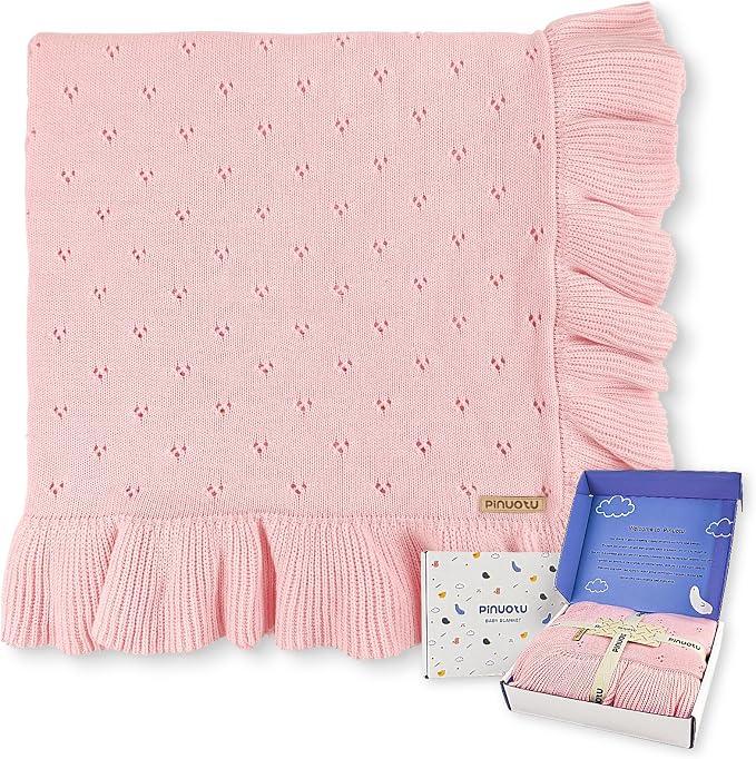 Ruffle Cotton Knitted Baby Blanket,Pink, Soft Pointelle, 40 x 31 in