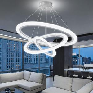Modern LED Chandelier, 3 Ring Chandelier for Dining Room Living Room Pendant Lighting Fixture High Ceiling Hanging LED Pendant Ceiling Light Fixture for Bedroom Foyer Silver, 3 Rings-31.4''