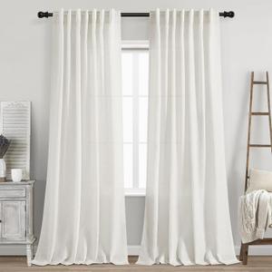 Nanspring Beige White Linen Curtains 84 Inch Length 2 Panels Set for Living Room Rod Pocket Back Tab Light Filtering Window Drapes for Bedroom Dining Room Protect Privacy Home Decor