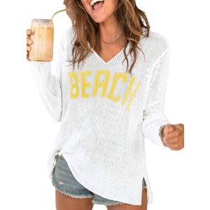 RoseSeek Women's Beach Cover Ups Letter Beach Sweater Crochet Tops (White, XS)