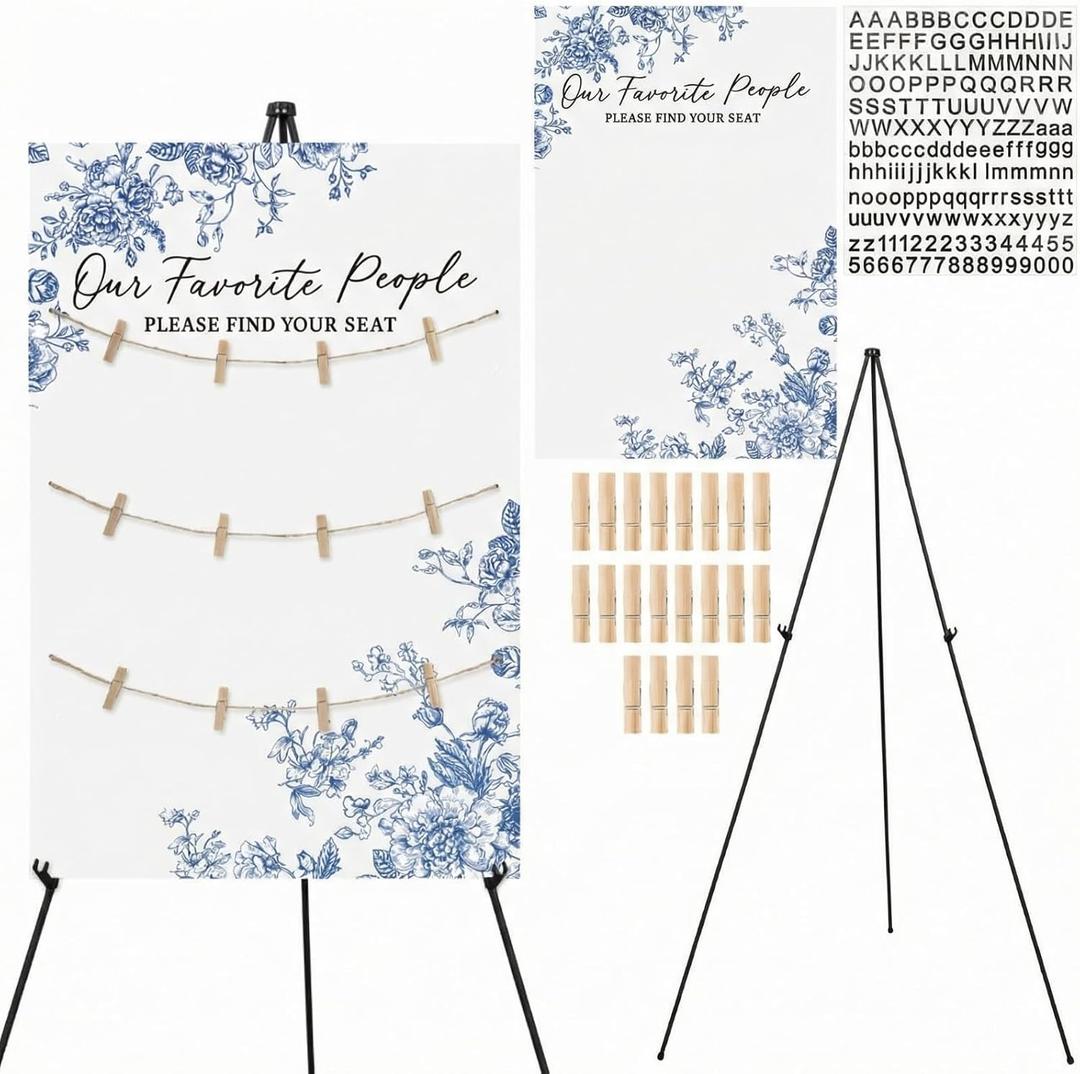 Pinkunn Blue Floral Wedding Seating Chart Board with Easel Display Stand 15.8 x 23.6 Inch Wooden Rustic Chinoiserie Seating Chart Please Find Your Seat Sign for Baby & Bride Shower Wedding Sign Decor
