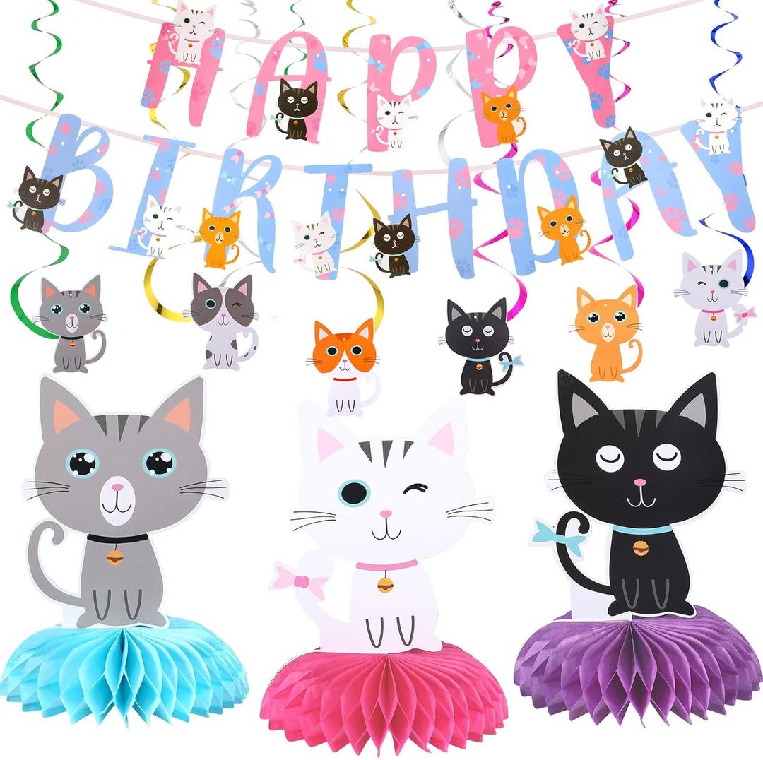 Chinco 16 Pcs Cat Theme Birthday Party Decorations Party Supplies Kit, Includes Cat Party Banner with 6 Hanging Cutouts 6 Hanging Swirl Decor and 3 Birthday Honeycomb Party Decoration(Cool Style) (Cool Style)