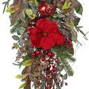 Briful Red Magnolia Christmas Swag 29.5 Farmhouse Christmas Teardrop with Red Pomegranate & Berries, Hanging Xmas Door Swags for Front Door, Fireplace Mantel, Outdoor Holiday Decor