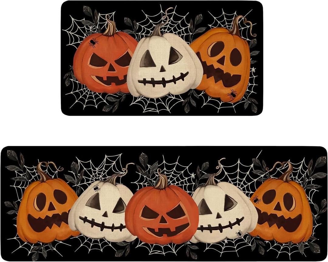 Faptoena Halloween Kitchen Rugs Set of 2,Black Pumpkin Spider Web Kitchen Mats for Floor, Halloween Non-Slip Washable Sink Mats Home Decor Doormat+Runner Rug