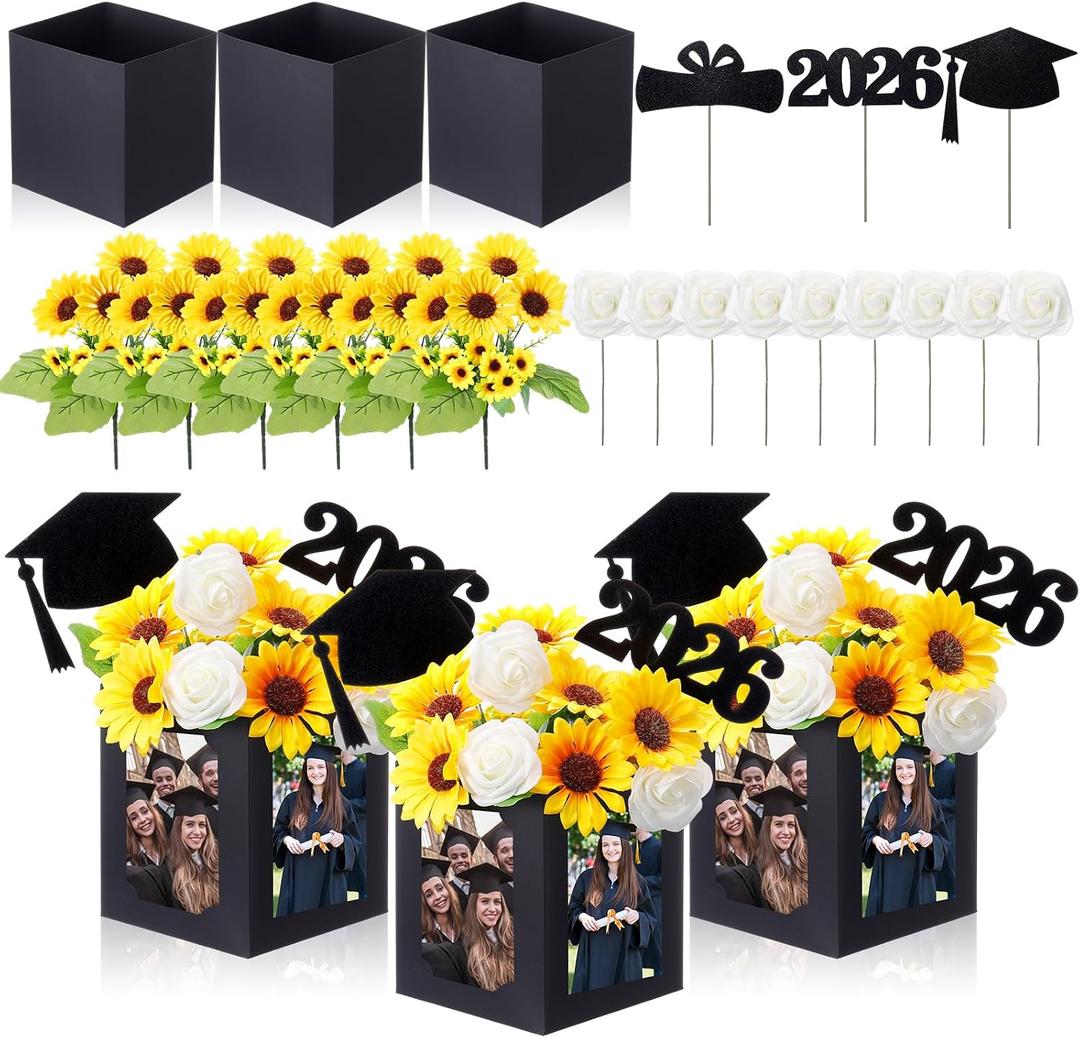 Glenmal 24 Pcs Class of 2026 Graduation Table Centerpieces Decor 6/7 Inch Graduation Photo Frame Display Box Artificial Sunflowers and Roses Class 2026 Centerpieces Picks for Party(Black)