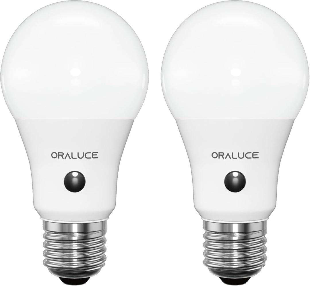 ORALUCE Dusk to Dawn LED Outdoor Light Bulb Cool White 6500K, A19 Automatic Light Bulbs for Outside 60 Watt, Auto On/Off Lightbulb E26 Base Non-dimmable, 2 Pack