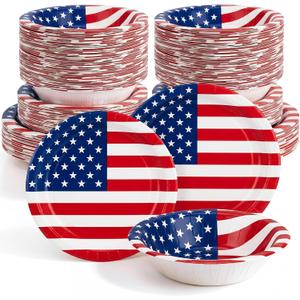 Havawish 150 Pcs Compostable Paper Plates and Bowls Sets 7 Inch 9 Inch Disposable Plate 12oz Biodegradable Bowls for 50-person Party Dinner Supplies, Soak-proof, Microwave-safe, Cut Resistant (Flag)