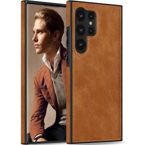 LOHASIC for Galaxy S24 Ultra Case Leather, Classic Elegant Premium Business Vegan PU Non-Slip Grip Shockproof Protective Cover Men Women Phone Cases for Samsung Galaxy S24 Ultra 5G 6.8" - Light Brown