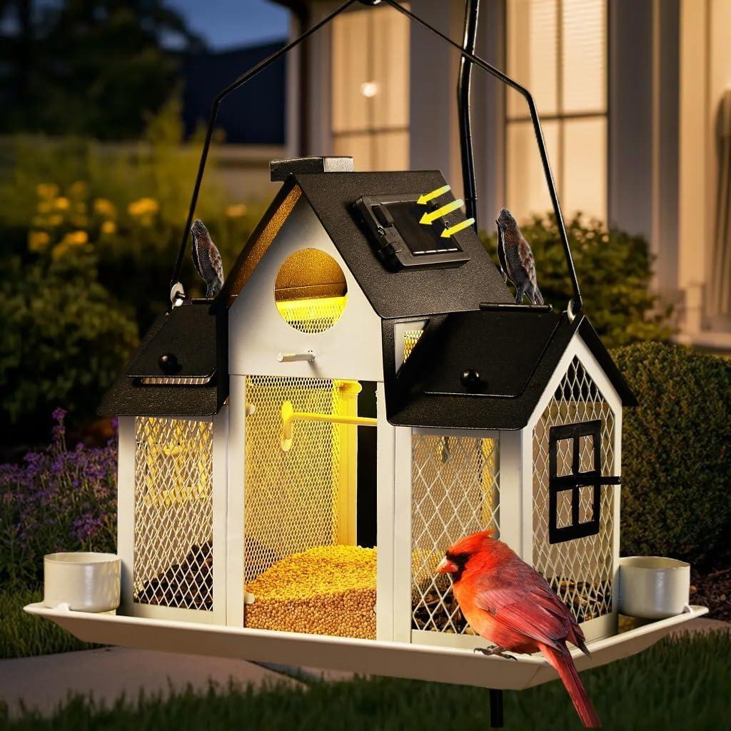 Solar Bird Feeders House for Outdoors Hanging, 7LBS Large Capacity Metal Wild Bird Feeder Squirrel Proof for Outside with Water Cup, Cardinal Birdfeeder Birdhouses Gift for Bird Lovers (White)