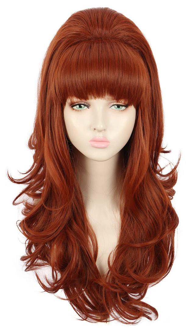 yuehong Long Ginger Wavy Women Big Bouffant Wig Beehive 60s 70s Cosplay Costume Wig Resistant Synthetic Fibers Fluffy Durable Soft Hair, Ginger Beehive Wig