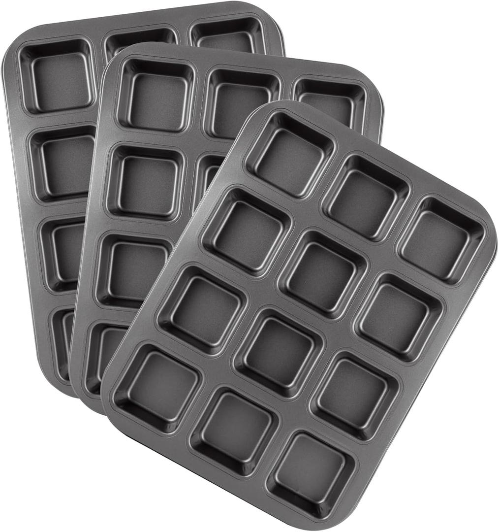 3 Pcs 12-Cavity Brownie Pan with Dividers, 14" × 10.5" × 1.2" Non-Stick All Edges Cupcake Pan, Black Carbon Steel Square Muffin Pan for Oven Baking