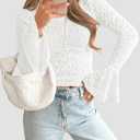 BTFBM Women's Long Sleeve Shirts 2025 Fall Fashion Going Out Tops Casual Crewneck Slim Fit Hollow Out Basic T-Shirt (White, L)