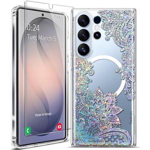 Coolwee Magnetic for Samsung Galaxy S26 Ultra Case, Compatible with MagSafe, Cute for Women Girls, 10FT Military Grade Protective Cover for Galaxy S26 Ultra Case Glitter, Clear Bling Lace Mandala