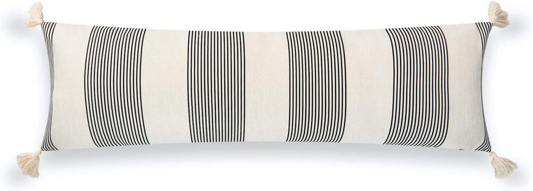 Hofdeco Modern Boho Moroccan Indoor Outdoor Body Lumbar Pillow Cover Only for Bed, Backyard, Couch, Sofa, Black White Stripe Tassels, 12"x40"